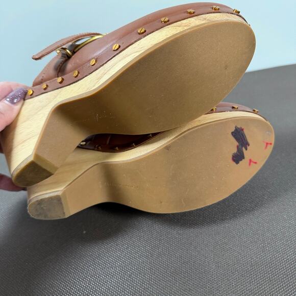 Veronica Beard Hendrix Clogs Brown Leather Chunky Platform Wooden Heel Size 7.5M - Picture 13 of 13